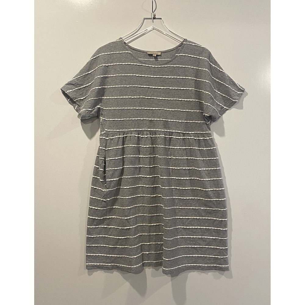 Polagram Gray White Scalloped Stripe Babydoll Dress Cotton Pockets PSD2335 M